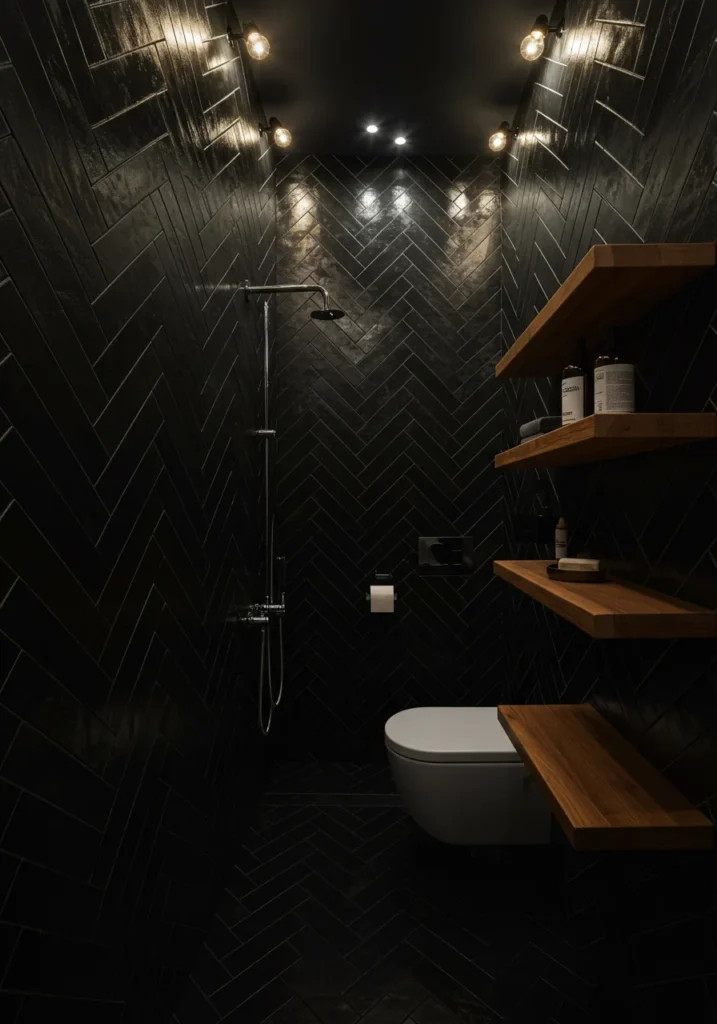 A small moody bathroom with black herringbone tiles and warm Edison lights.