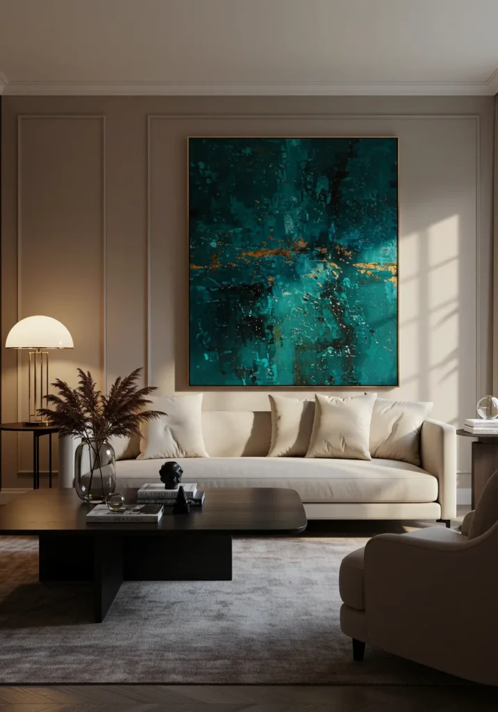 A sophisticated space with a statement piece of art, paired with neutral-toned furniture.
