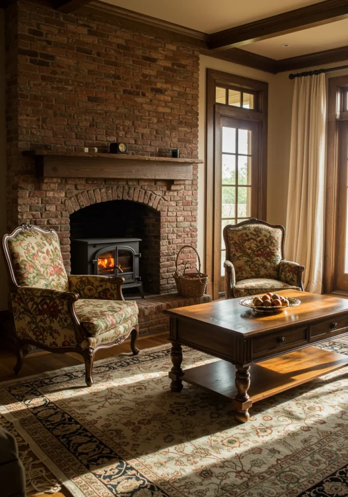 A traditional living room featuring a classic brick fireplace, vintage armchairs, and a warm rug, creating an inviting and old-world charm.