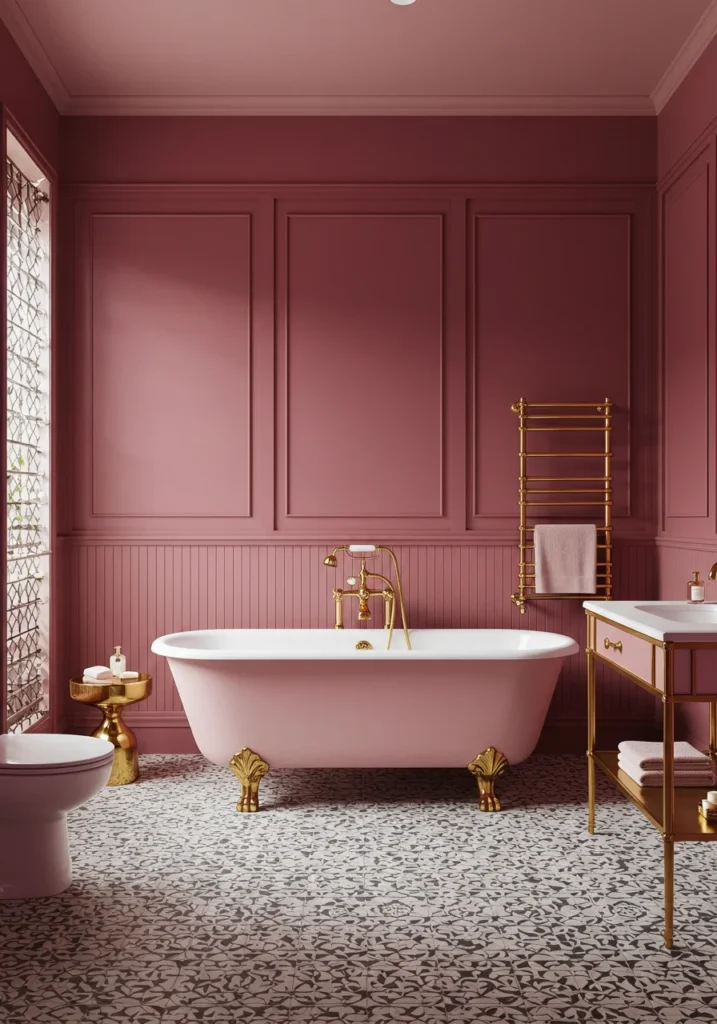 A unique art deco pink bathroom with deep rose walls and patterned black and white tiles.
