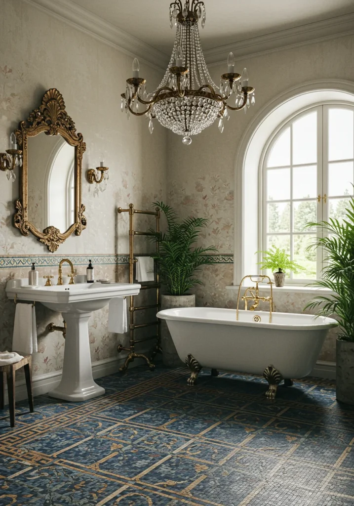 Vintage-inspired luxury master bathroom with intricate mosaic floor tiles and an elegant pedestal sink.