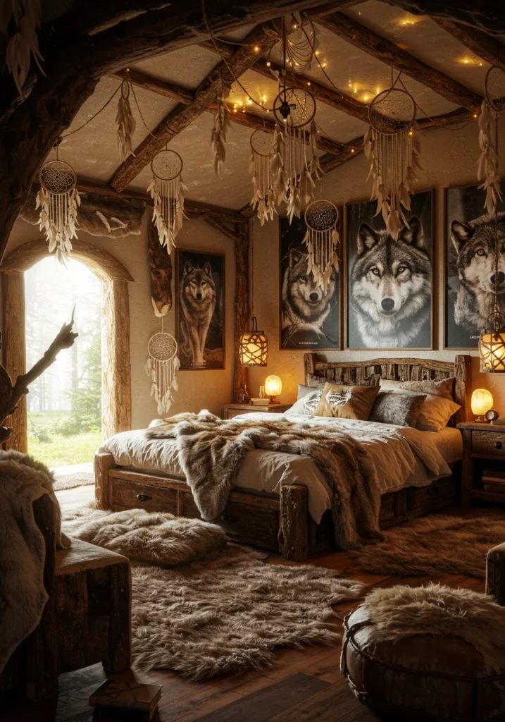 A wolf den-style bedroom featuring soft furs, dreamcatchers, and rustic wooden furniture, creating a cozy and wild atmosphere.