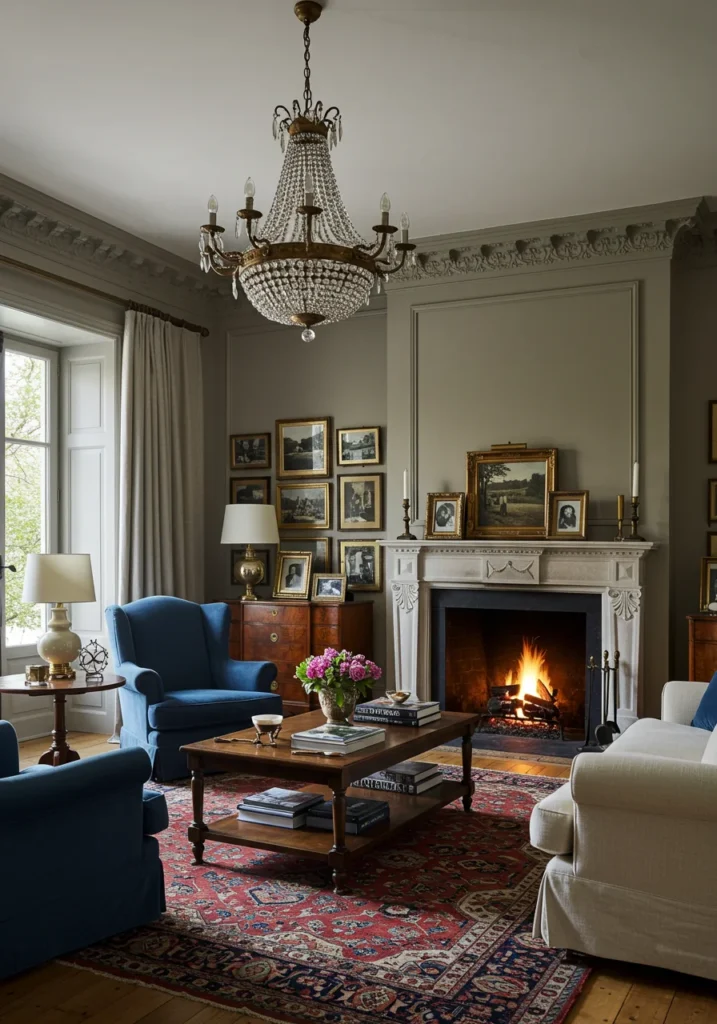 An elegant living room with a vintage-inspired chandelier and plush, oversized armchairs.