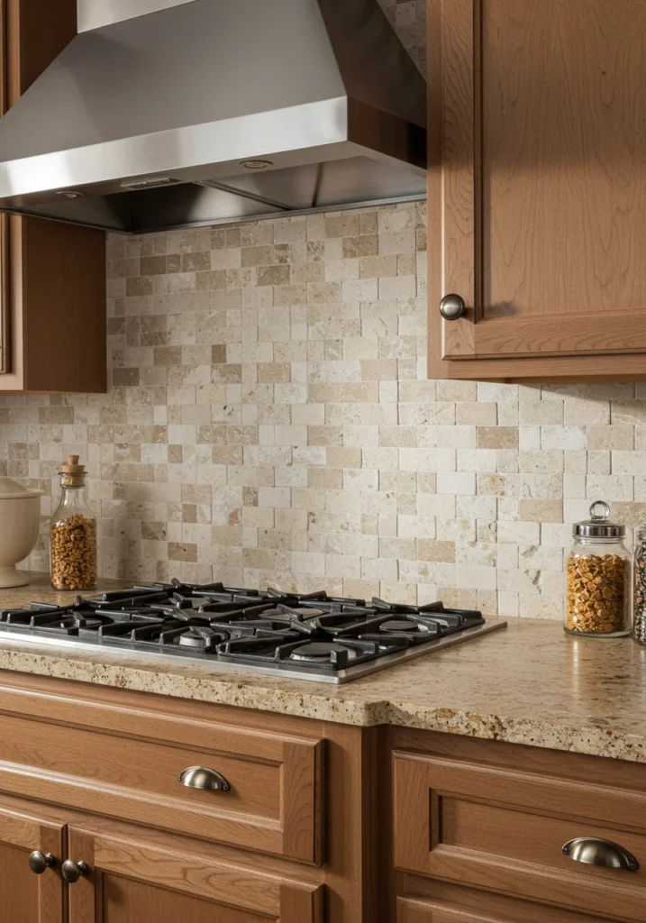 Beige and white stone mosaic backsplash that complements earthy-toned countertops.