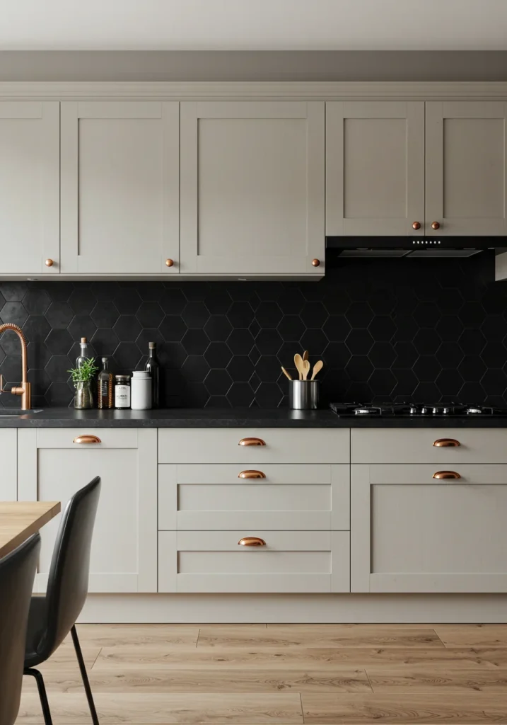 Black hexagonal backsplash contrasting with light cabinetry for a bold yet timeless feel.
