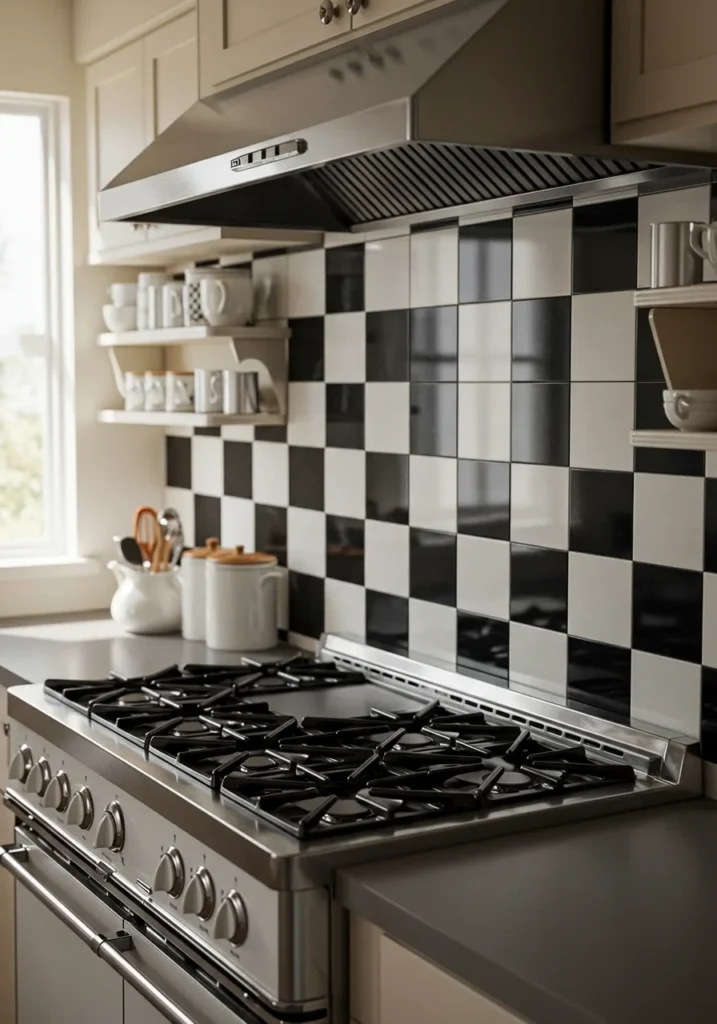 Bold black and white checkered backsplash creating a timeless retro vibe.