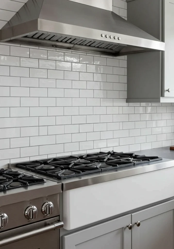 Classic white subway tile backsplash with contrasting grout for a clean, timeless look.