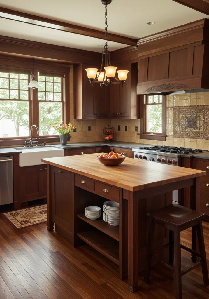 Cozy Craftsman kitchen with dark wood cabinetry and intricate detailing.