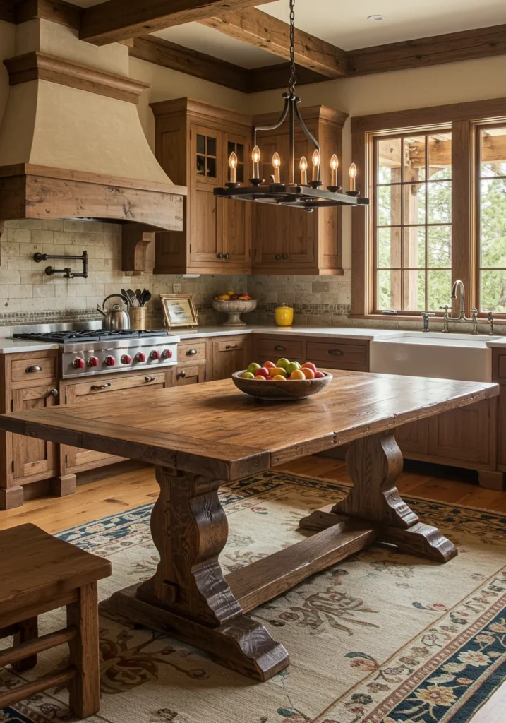 Craftsman kitchen with a large, handcrafted wooden dining table and matching cabinetry.