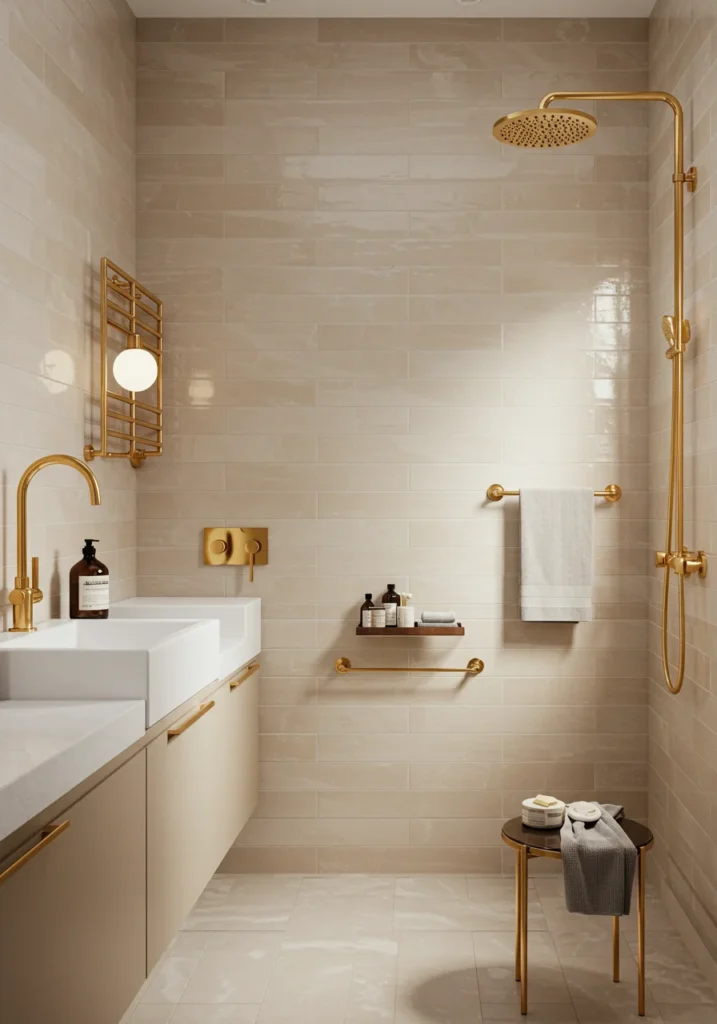 An elegant bathroom featuring glossy ceramic subway tiles in soft beige, paired with gold fixtures, creating a luxurious and sophisticated atmosphere.