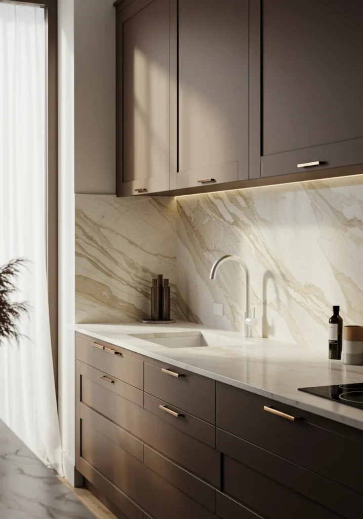 Elegant marble backsplash with soft veins, complementing dark cabinetry.