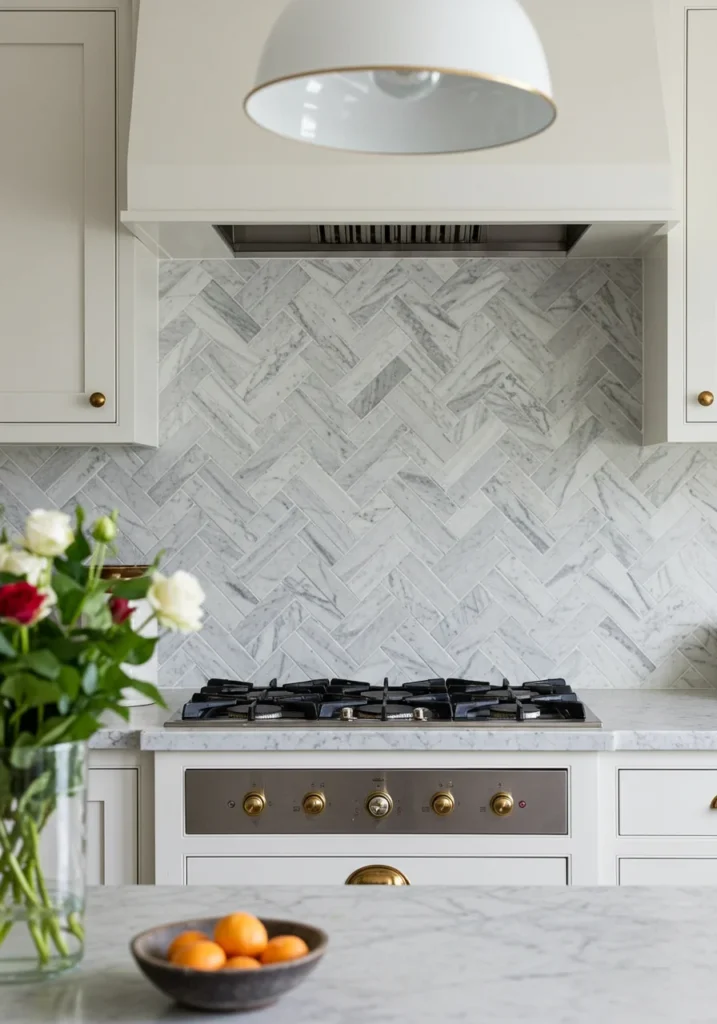 Elegant marble herringbone backsplash adding texture and visual interest.