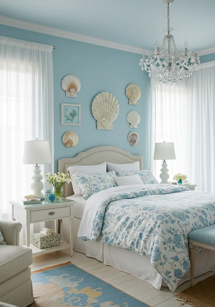 Fresh spring bedroom with blue and white tones, featuring seashell-inspired décor.