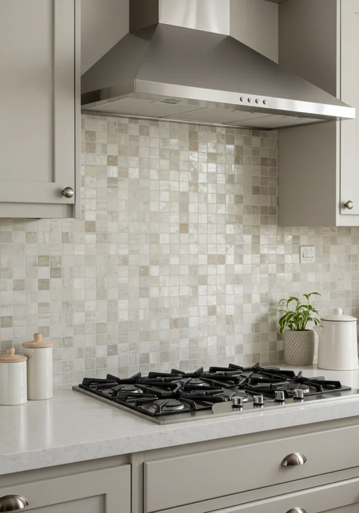 Glass mosaic tile backsplash in soft neutrals, adding light and depth to the space.