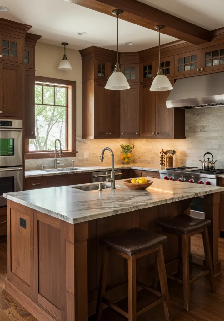 Modern Craftsman kitchen with rich wood finishes and a stone countertop.