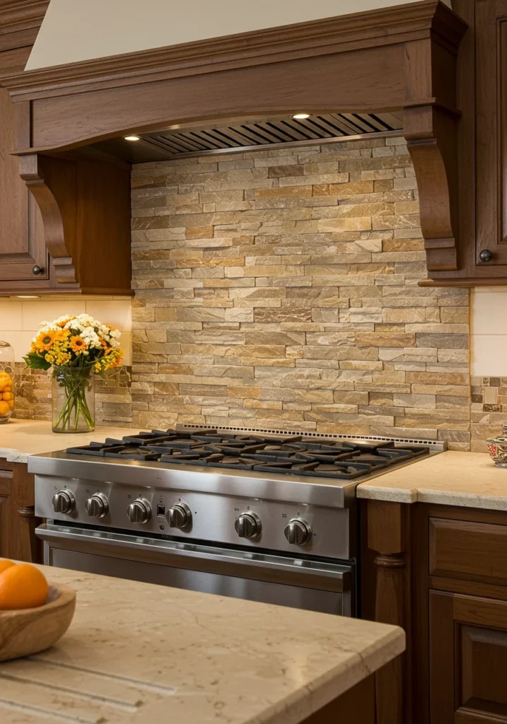 Natural stone backsplash with earthy tones, perfect for a rustic or farmhouse kitchen.
