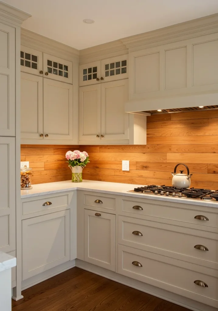 Natural wood plank backsplash paired with soft-toned cabinetry.