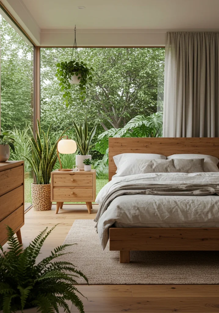 A nature-inspired bedroom featuring large windows, indoor plants, and organic wooden furniture, creating a fresh and serene atmosphere.