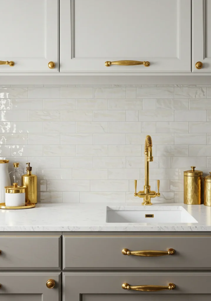 Shimmering white subway tiles paired with gold accents for a touch of luxury.