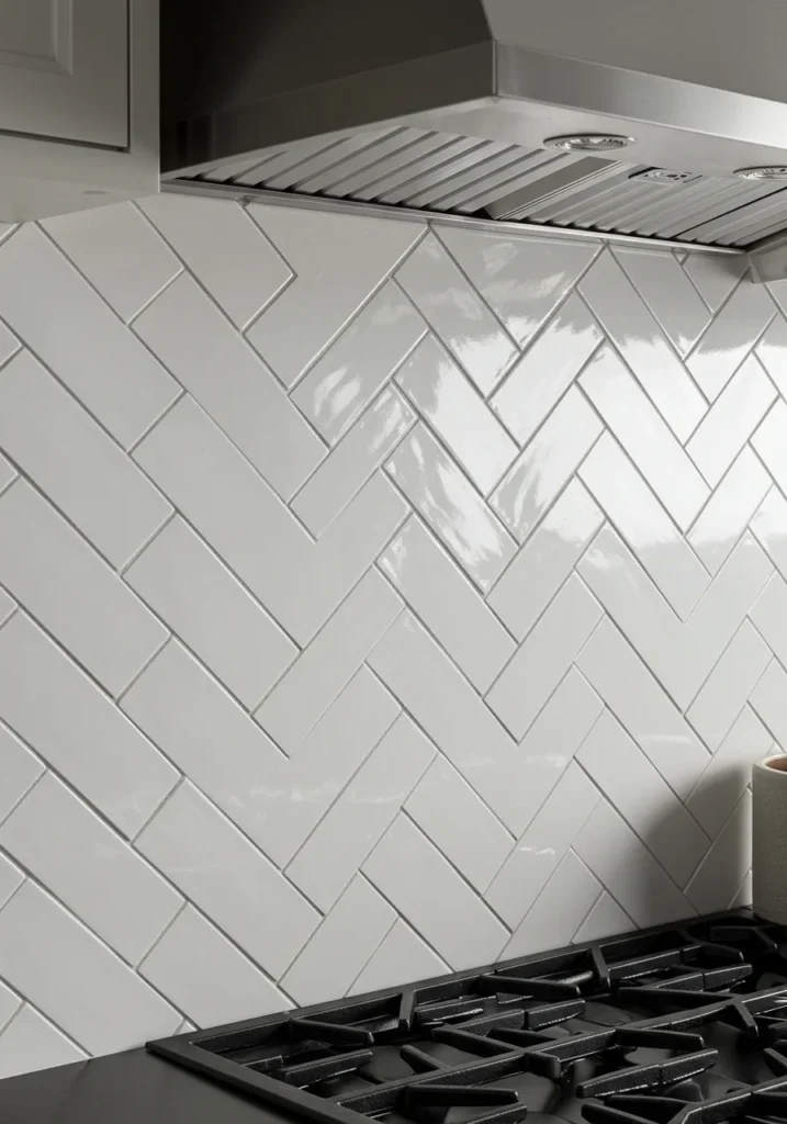 Subway tile backsplash with a herringbone pattern for added texture and interest.