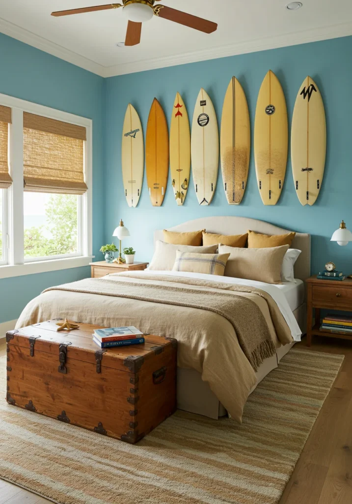 Surf-inspired bedroom with a vintage surfboard wall display, ocean blue walls.