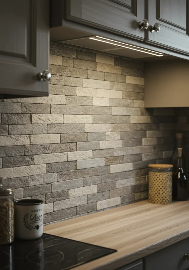Timeless brick-style backsplash in muted shades, creating a cozy atmosphere.