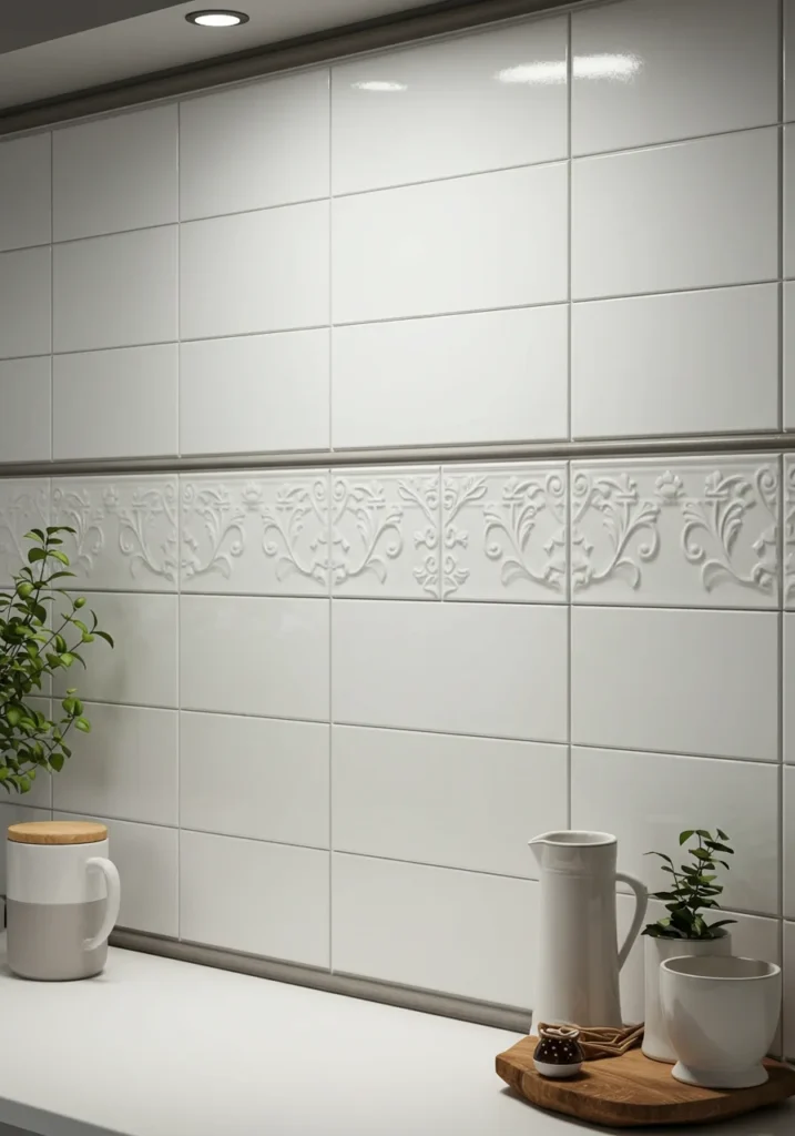 Traditional white backsplash with intricate tile details and classic edging.